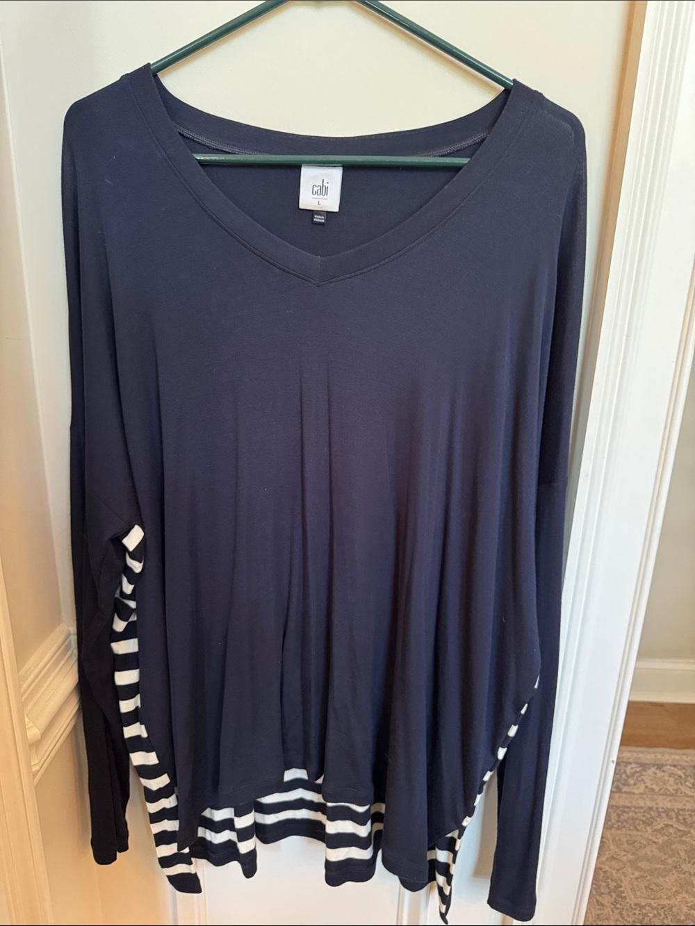 CAbi navy V-neck oversized tunic with striped hem